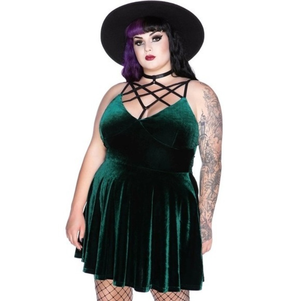 Killstar magica Emerald Green Velvet Pentagram Strappy Skater Mini Dress XL
